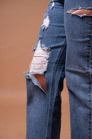 Distressed Straight Leg Denim Jeans